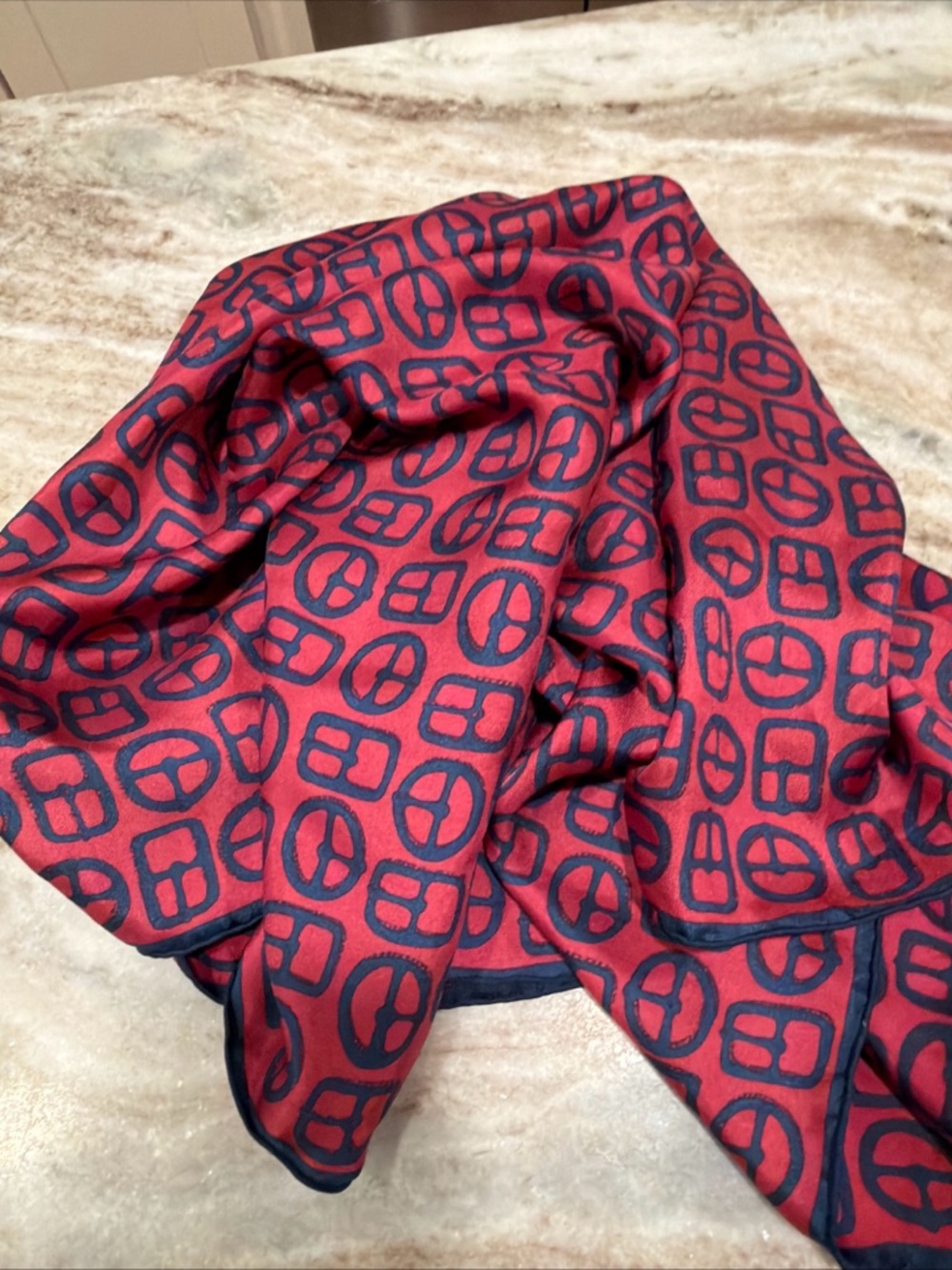 Talbots Silk Scarf Red Navy Blue Buckle Pattern 32” Square NWT Vintage